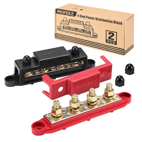 Mofeez Power Distribution Block Bus Bar, 4 x 3/8" Posts, 6 x #8 Screws Terminals, Max 48V 250A