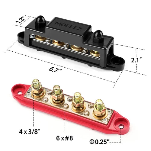 Mofeez Power Distribution Block Bus Bar, 4 x 3/8" Posts, 6 x #8 Screws Terminals, Max 48V 250A