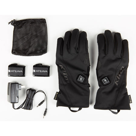 Klim Inversion GTX Heated Gloves and accessories set, featuring a waterproof design and electric heating system for snowmobiling.