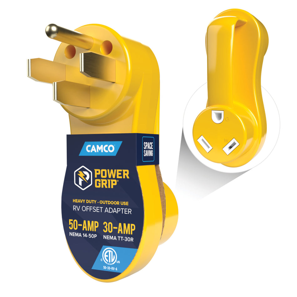 Camco Power Grip Electrical Offset Adapter 50 amp to 30 amp RV Power Adapter - 55135