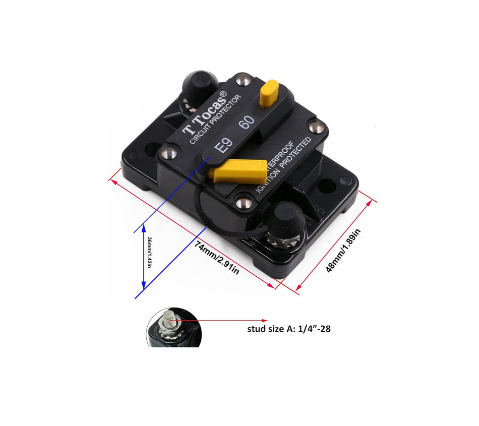 T Tocas 60 Amp Circuit Breaker with Switch For Boat Marine RV Yacht Battery - BBCB594-60A