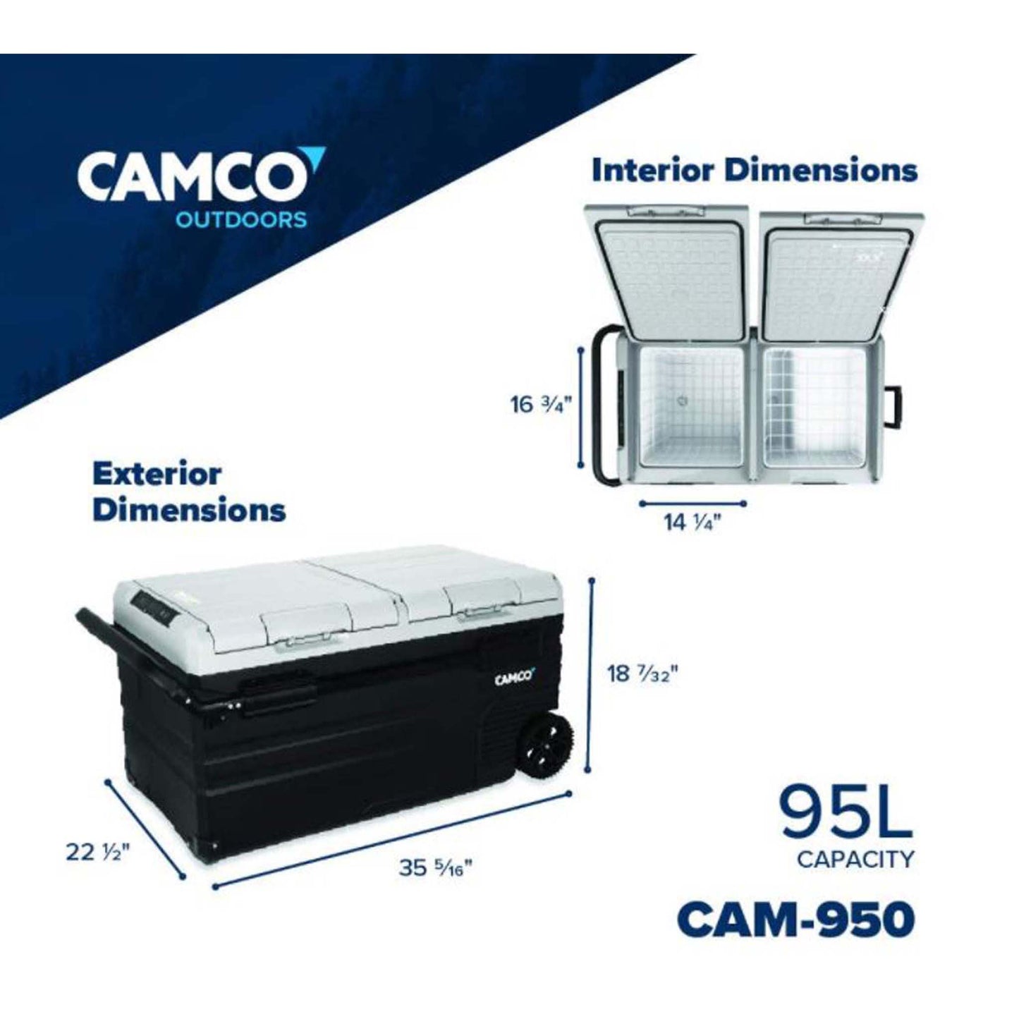 CAM-950 Portable Refrigerator, AC 110V / DC 12V Compact Fridge / Freezer with Dual Zone Cooling, 95-Liter