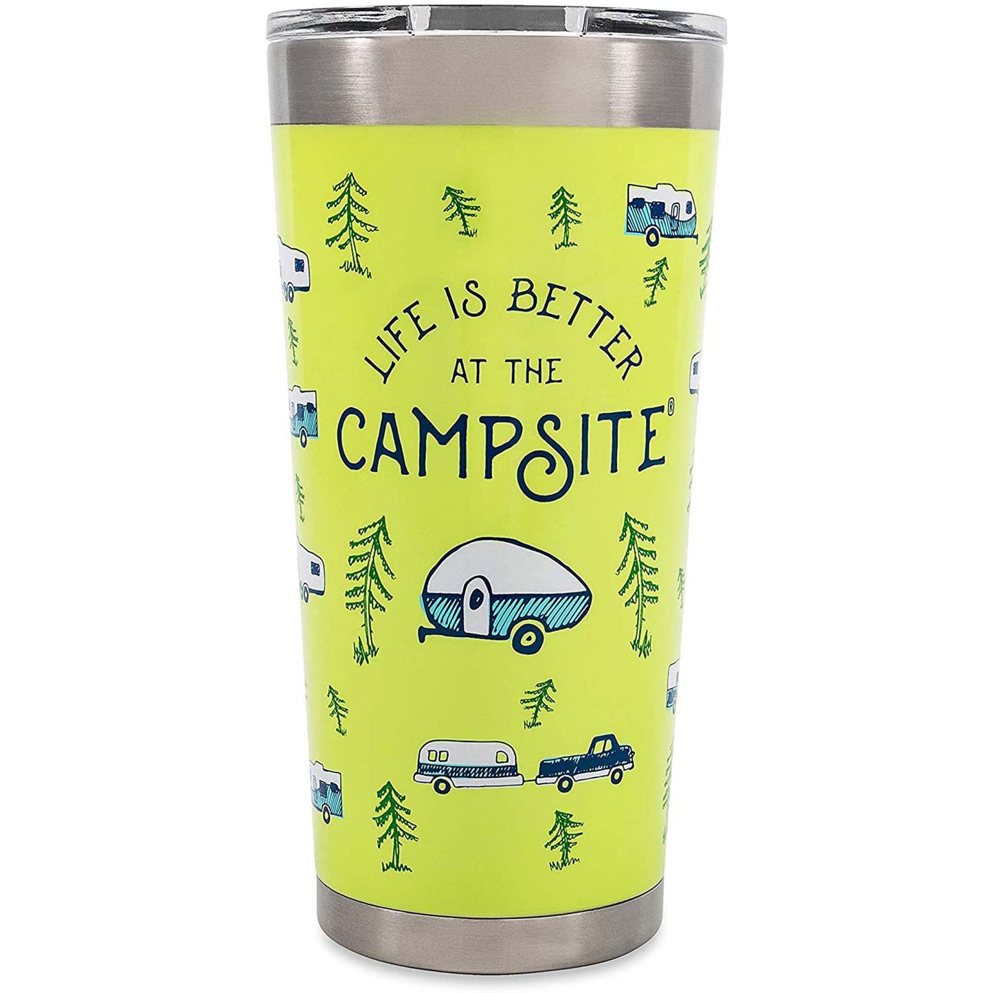 Life is Better at the Campsite Printed Tumbler, Green, RV Sketch Pattern, 20 oz.