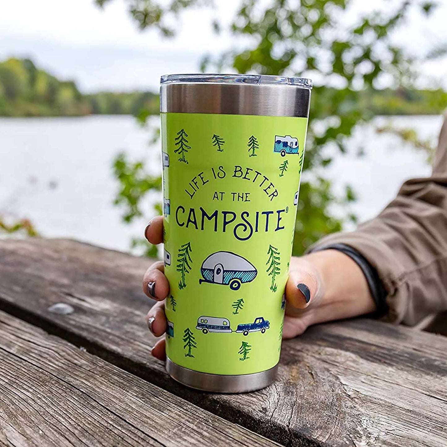 Life is Better at the Campsite Printed Tumbler, Green, RV Sketch Pattern, 20 oz.